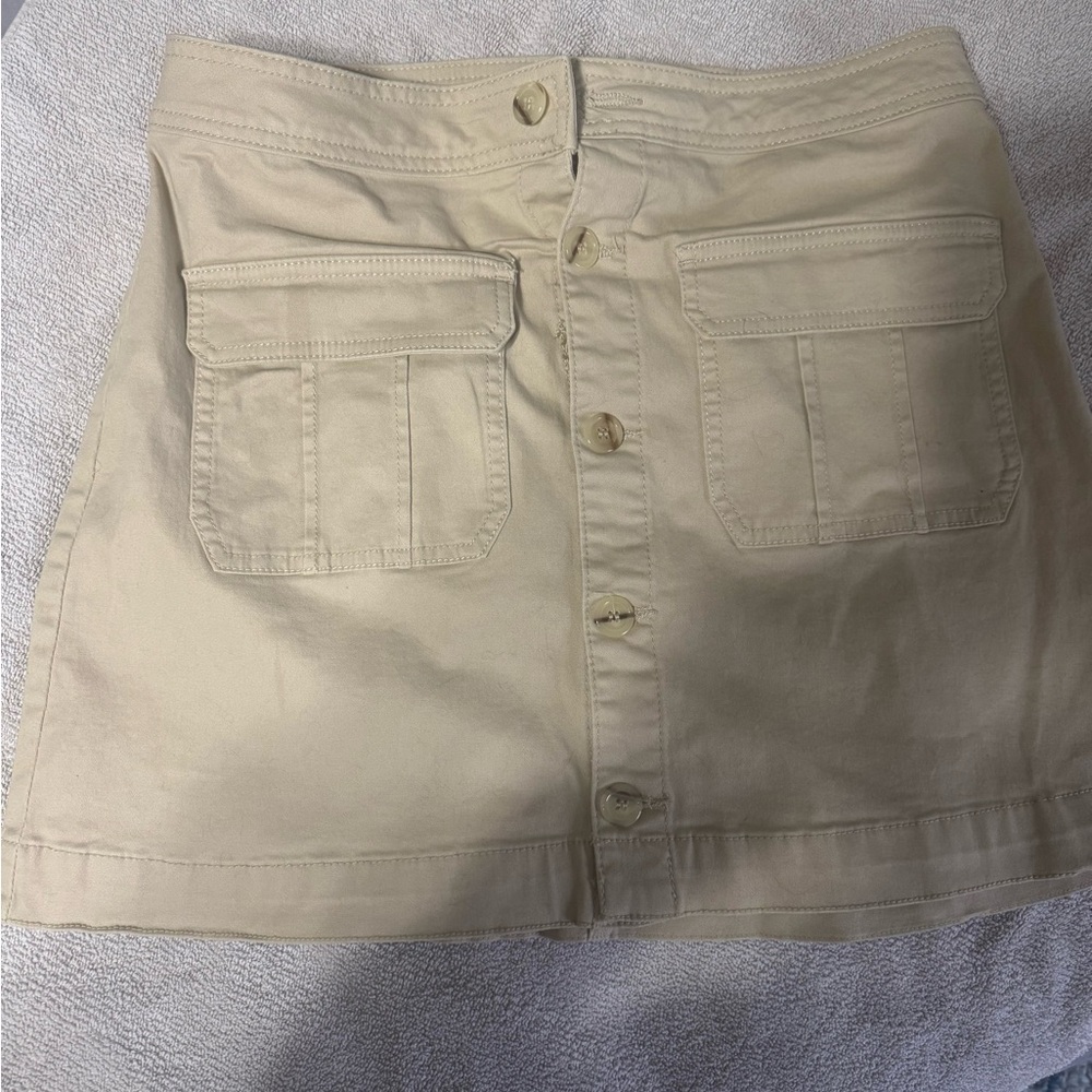 Beige Button-Front Mini Skirt